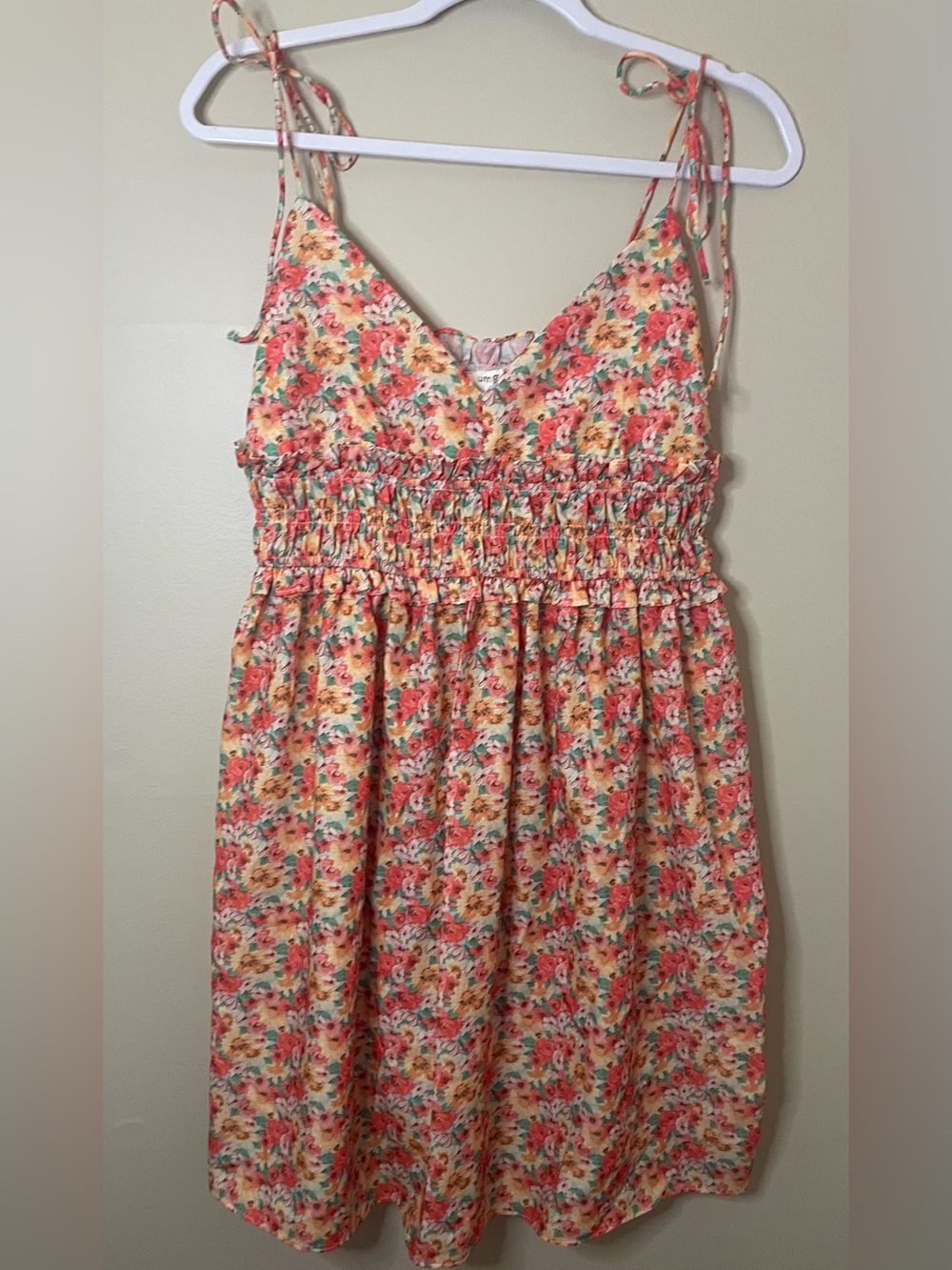 Umgee Coral, Yellow & Green Floral Smocked Waist Sundress Size Large